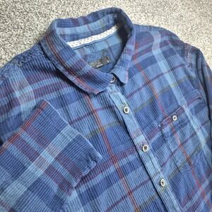 Prana Plaid Button Up Womens Medium Blue Organic Cotton Textured Gauze W23180501